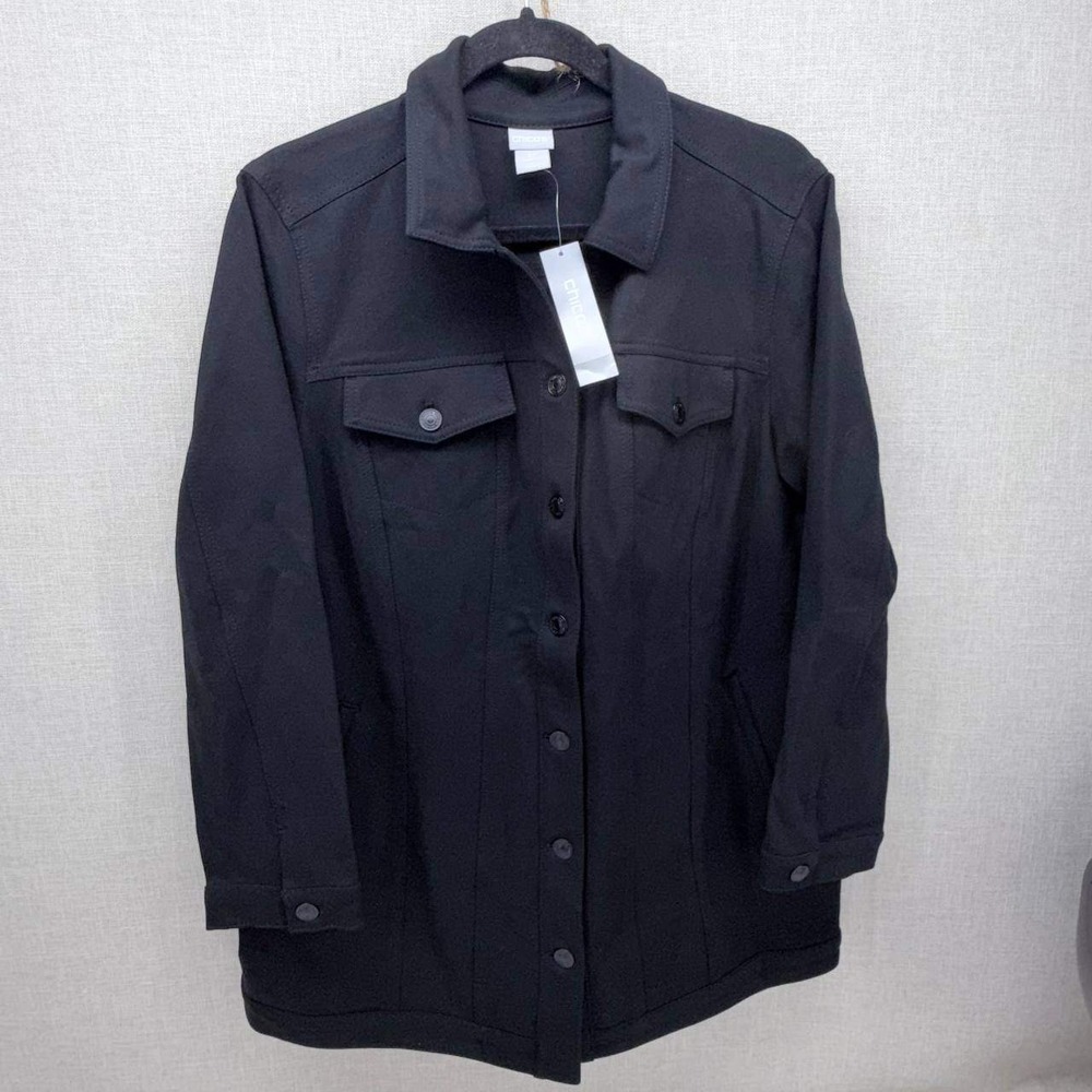 Chico's Elongated Ponte PT Jacket Black Stretch Utility Coat Size 2P Large New